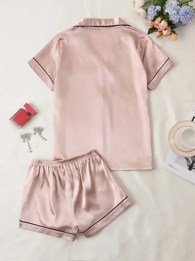 Pijama de satín rosada